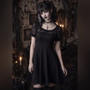 Betsey Johnson GUC Black Fit & Flare Cocktail Midi Dress with Lace Yolk Size 6